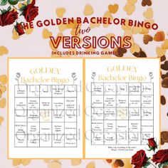 the golden bachelor game is shown with roses and petals around it on a pink background