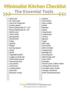 the ultimate minimalist kitchen checklist is shown in this printable guide for beginners