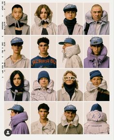 many different pictures of people wearing hats and scarves, all in multiple rows with the same name on them