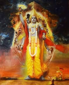 an oil painting on canvas of a hindu god with his arms outstretched in the air