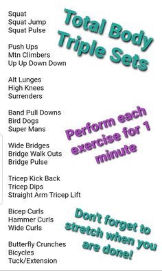 an exercise poster with the words total body triple sets in purple and green font on it