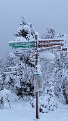 a pole that has some signs on it in the snow with trees and bushes behind it