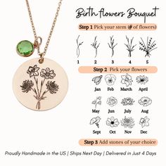 the instructions for how to make a flower necklace with flowers and leaves in gold or silver