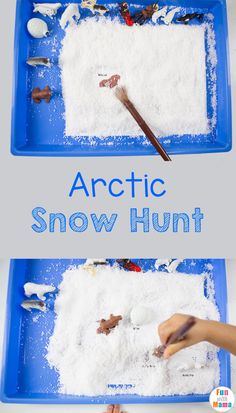 two blue trays filled with snow and plastic spoons