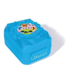 a blue plastic lunch box with cars on it