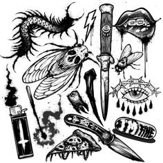 an ink drawing of various items that are being used to make tattoo designs on the back of