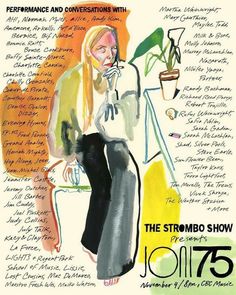 an advertisement for the strombo show with a drawing of a woman talking on a phone