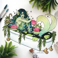 a drawing of a mermaid sitting in a bathtub surrounded by flowers and plants next to water bottles