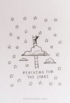 a drawing of a man on top of a ladder reaching for the stars