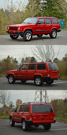 four different pictures of red jeeps parked in a parking lot