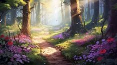 a painting of a path in the middle of a forest with flowers on both sides