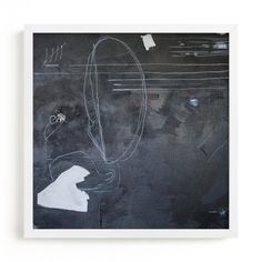 a black and white painting on a wall with some lines coming out of the frame