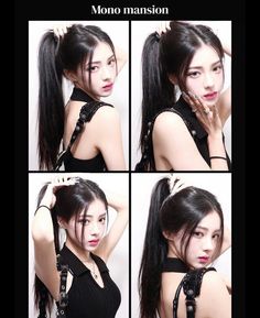 four different pictures of a woman with long black hair, wearing a black dress and holding her hand on her head