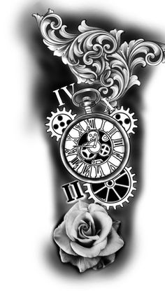 a black and white drawing of a rose with an old - fashioned clock on it