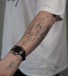 a man's arm with a wrist tattoo that has lines and numbers on it