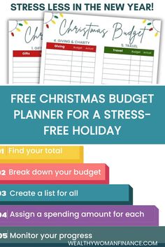 Free Christmas budget planner with colorful steps for a stress-free holiday budgeting. Budget Worksheet, Free Christmas Gifts, Budgeting Tools