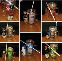 six different shots of coffee and drinks in mason jars with straws on the lids