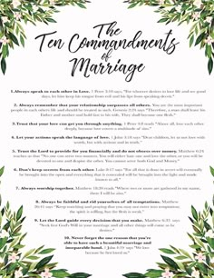 the ten commandments for marriage with flowers and greenery around it, on a white background