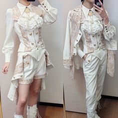 A jacket, vest, and shorts that resembles a medieval European aristocracy. This item is made with a combination of glossy jacquard fabric, and the bold button decoration gives it a noble impression. It is reminiscent of the glamorous and elegant Edwardian era. 
 
 

 

 
 
 Item 
 
 
 Jacket 
 Best 
 Half pants 
 
 
 Size 
 
 Jacket 
 
 S size 
 
 Length (front): 90cm 
 Length (back): 78cm 
 Shoulder width: 38cm 
 Bust: 88cm 
 Waist: 70cm 
 Sleeve length: 60cm 
 
 M size 
 
 Length (front): 91cm Lolíta Dresses, Ouija Fashion, Ouji Style, Silly Costumes, Ouji Fashion, Prince Clothes, Half Pants, Beige Vest, Clothing Design Sketches