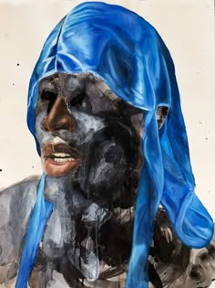 a painting of a person with blue hair and a face covered in black paint, wearing a blue headdress