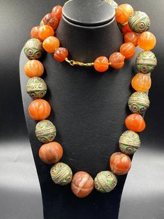 Beautiful vintage enamel beads with pumpkin shape carnelian bead necklace Enamel Beads, Gold Nugget, Carnelian Beads, Natural Coral, Oct 1, Agate Beads, Turquoise Stone, Loose Beads, Bead Necklace