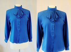 1990's Lapis Royal Blue Ascot Blouse Size 8 Petite Vintage REtro 90's Silky Poly Office Business Hipster by Retromomo on Etsy Vintage Blouses, Office Business, Blouse Vintage, Royal Blue, Long Sleeve Blouse, Vintage Fashion, Blouses