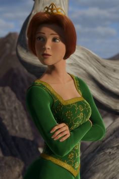 an animated woman in a green dress standing next to mountains and rocks with her arms crossed