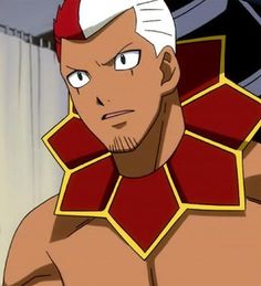 an anime character with white hair wearing a red and gold collared shirt, standing in front of a curtain