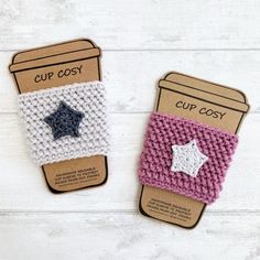 two crocheted cup cozys with stars on them