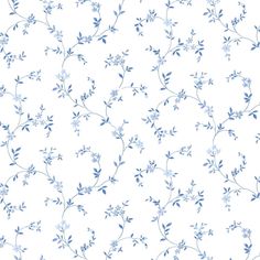 a blue and white floral wallpaper pattern with small, delicate flowers on a white background