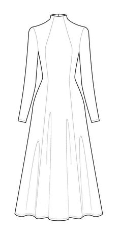 a line drawing of a long sleeved dress with pleaed hems and pockets