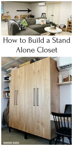 how to build a stand alone closet in the living room or kitchen with wood furniture