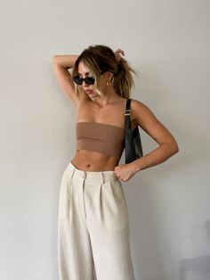 crop top outfits / cute outfits / low rise pants / green aesthetic / summer girls / Hailey Bieber / bella hadid style / minimal outfits / tulum outfits / street style / vacation outfits / cult gaia / Halloween costume ideas / style inspiration / bottega veneta / women’s fashion / clean aesthetic / that girl style / fashion ideas / everyday outfit / parisian style / edgy outfit / blog ideas / lounge wear / Miami outfits / outfits casual / summer fashion / moody pics / rat and boa Knit Bandeau, Nude Outfits, Miami Outfits, Summer Uniform, Europe Outfits, Italy Outfits, Mode Inspo, Looks Style, Mode Inspiration