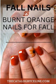 27 Scary-Chic Horror Nail Designs to Rock This Season! Fall Nail Ideas Burnt Orange, Fall Nail Designs Powder Dip, September Orange Nails, Orange Nails With Sunflower Design, Fall Nails Ideas Autumn Burnt Orange, Fall Orange And Brown Nails, Thanksgiving Dip Nails Ideas, Fingernail Designs Fall, Orange Wedding Nails For Bride