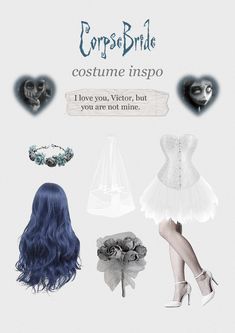 an image of a woman with blue hair and white dress in front of the caption, corpse bride costume inspo i love you are not mine