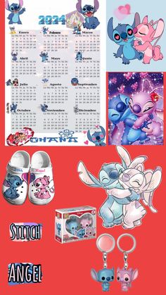 an image of a calendar with stitch and angel charms on the front, along with other items