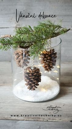 some pine cones are in a glass jar with snow and lights on the inside,