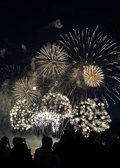 fireworks are lit up in the night sky with people looking at them and taking pictures