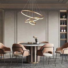 an elegant dining room with beige chairs and a round table