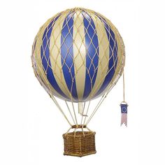 a blue and white striped hot air balloon in a wicker basket on a white background