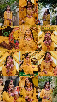 a collage of photos with different people dressed in yellow and red clothing, one woman wearing