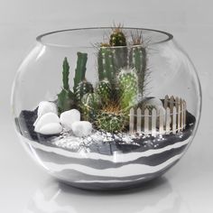 a glass bowl filled with lots of different types of succulents and rocks