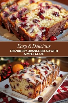 cranberry orange bread with white glaze on a plate next to an orange cake