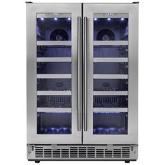 two stainless steel refrigerators with blue lights on the front and bottom doors, side by side