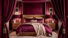 a bedroom with red walls and curtains, a bed covered in purple sheets and pillows