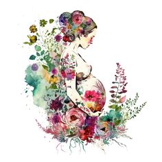 a watercolor painting of a pregnant woman surrounded by flowers