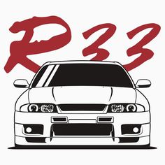 the front end of a white car with red lettering on it and an r34