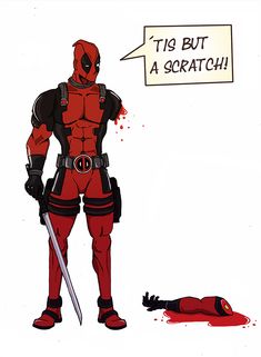 a deadpool is standing in front of a dead man with a knife and sign that says tiq but a scratch