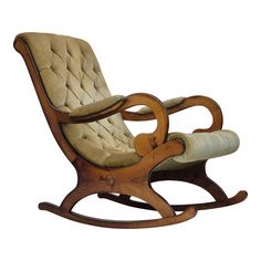 a wooden rocking chair with an upholstered seat