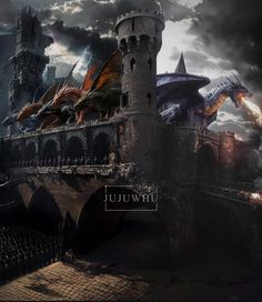 an image of a castle with fire coming out of the towers and dragon on top